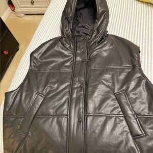 Womens Black Hooded Faux-Leather Puffer Vest
